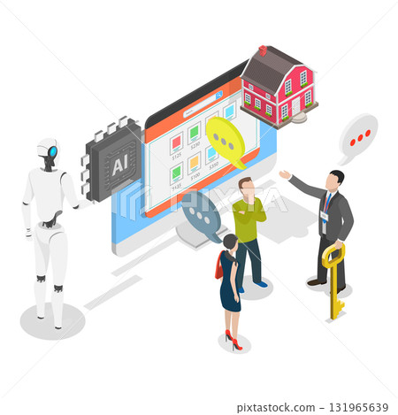 3D Isometric Flat Vector Illustration of AI In Real Estate, AI-Assisted Home Buying. Item 2 3D Isometric Flat Vector Illustration of AI In Real Estate, AI-Assisted Home Buying. Item 2 131965639