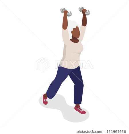 3D Isometric Flat Vector Illustration of Elderly Various Exercises, Active Seniors Engaging In Stretching, Cardio, Yoga, Pilates. Item 7 131965656