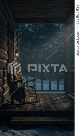 A cozy rocking chair draped with a knitted blanket rests on a rustic wooden log cabin porch during a snowy evening, illuminated by a warm lantern glow. A cozy rocking chair draped with a knitted blanket rests on a rustic wooden log cabin porch during a snowy evening, illuminated by a warm lantern glow. 131965958