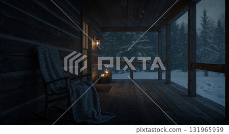 A cozy wooden cabin porch features a rocking chair with a knitted blanket and warm glowing lanterns, set against a serene snowy winter forest at dusk. A cozy wooden cabin porch features a rocking chair with a knitted blanket and warm glowing lanterns, set against a serene snowy winter forest at dusk. 131965959