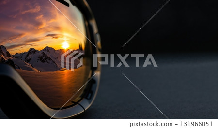 An extreme closeup of ski goggles reflecting a vibrant sunset over snow-capped mountains, showcasing a dramatic orange and purple sky. An extreme closeup of ski goggles reflecting a vibrant sunset over snow-capped mountains, showcasing a dramatic orange and purple sky. 131966051