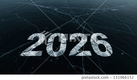 An epic cinematic drone shot captures the year 2026 emblazoned on a dark, frozen lake surface with intricate ice cracks, evoking a cold, stark future. An epic cinematic drone shot captures the year 2026 emblazoned on a dark, frozen lake surface with intricate ice cracks, evoking a cold, stark future. 131966152