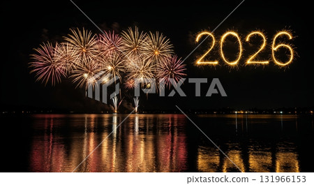 Brilliant golden and pink fireworks explode over a dark lake at night, reflecting vibrant light on the water, with the sparkling number 2026 prominently displayed in the upper right. Brilliant golden and pink fireworks explode over a dark lake at night, reflecting vibrant light on the water, with the sparkling number 2026 prominently displayed in the upper right. 131966153