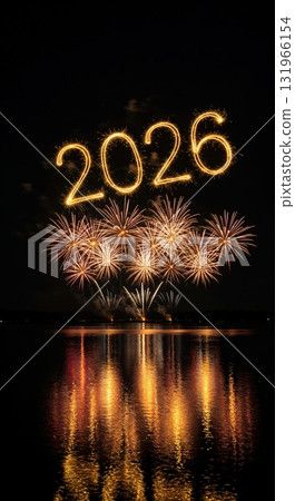 Golden sparkler lights forming the number 2026 above a vibrant fireworks display reflecting beautifully on the dark water surface at night, celebrating a new year. Golden sparkler lights forming the number 2026 above a vibrant fireworks display reflecting beautifully on the dark water surface at night, celebrating a new year. 131966154