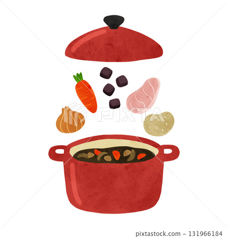 Red pot and curry ingredients watercolor hand-drawn illustration Red pot and curry ingredients watercolor hand-drawn illustration 131966184