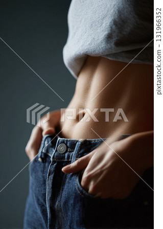 Closeup on a toned womans abdomen in jeans. Highlights fitness, health, and body image. Ideal for active lifestyle, fashion, or wellnessrelated campaigns. 131966352