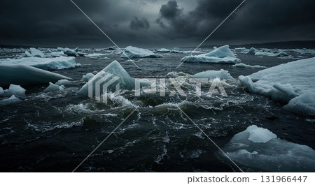 A powerful dynamic scene featuring numerous jagged icebergs and ice floes navigating dark, turbulent ocean waves beneath a dramatic, heavily overcast sky. 131966447