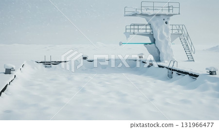 A snow-covered outdoor public swimming pool featuring a tall diving board structure appears abandoned in a desolate winter landscape under a grey sky. 131966477