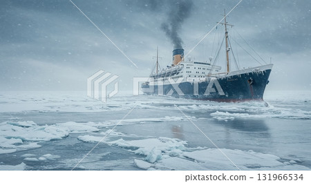 A vintage ocean liner with a dark hull and white superstructure navigates through a vast, icy sea under a snowy, overcast sky, emitting dark smoke. 131966534