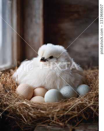 A fluffy, white Silkie chicken rests protectively on a nest filled with speckled eggs, symbolizing motherhood, new beginnings, and rural life. Perfect for farm, animal or springtime themes. A fluffy, white Silkie chicken rests protectively on a nest filled with speckled eggs, symbolizing motherhood, new beginnings, and rural life. Perfect for farm, animal or springtime themes. 131966607