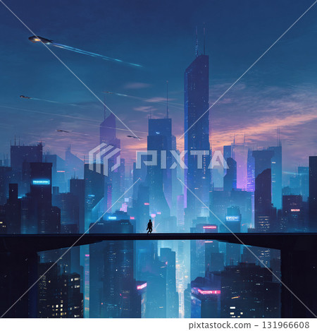 A lone figure walks in a futuristic metropolis with flying vehicles, reflected below. Evokes themes of solitude, progress, and urban development. Perfect for tech or scifi projects. A lone figure walks in a futuristic metropolis with flying vehicles, reflected below. Evokes themes of solitude, progress, and urban development. Perfect for tech or scifi projects. 131966608