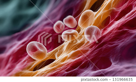 Closeup rendering of red blood cells flowing through a vessel. Illustrates circulation, biology, health, and medicine. Conceptual for science, research, or education. 131966635