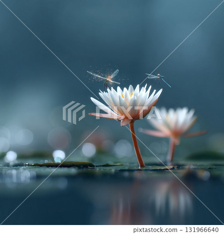 Dreamy, ethereal image of dragonflies resting on water lilies. Evokes peace, serenity, and natures beauty. Ideal for wellness, spirituality, or inspirational content. 131966640