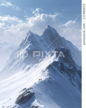 Majestic snowy mountain range under a blue sky with clouds. Tiny figures hike a ridge, symbolizing challenge, adventure, and resilience. Ideal for travel or success themes. 131966655