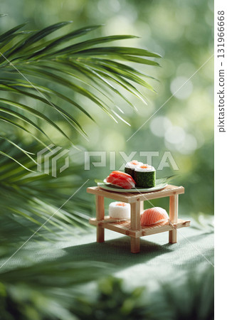 Artful sushi arrangement on a miniature wooden stand against a lush, green botanical backdrop. Conveying freshness and quality. Ideal for food blogs, Asian cuisine promotions. 131966668