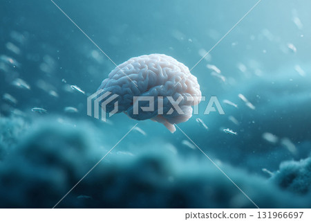 Surreal conceptual image of a brain floating in a teal, aquatic environment. Evokes themes of consciousness, intelligence, and the depths of the mind. Perfect for illustrating complex ideas. 131966697