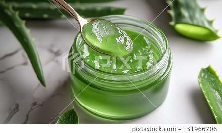 Fresh aloe vera gel in a jar with a spoon and aloe leaves beside it Fresh aloe vera gel in a jar with a spoon and aloe leaves beside it 131966706