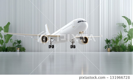 Model airplane displayed in a modern indoor setting with greenery Model airplane displayed in a modern indoor setting with greenery 131966728