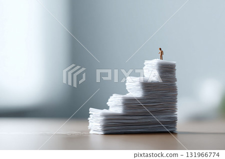 Achievement concept. A miniature figure stands atop a mountain of documents. Illustrates hard work, success, and overcoming challenges. Great for business or career themes. Achievement concept. A miniature figure stands atop a mountain of documents. Illustrates hard work, success, and overcoming challenges. Great for business or career themes. 131966774