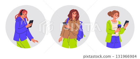 Girls using cellphones. Female characters texting, watching video or surfing internet flat vector illustration set. Women with smartphones 131966984