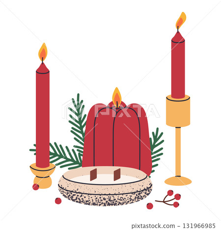 Scented xmas candles. Christmas wax candles with festive decorations, aroma wax candle for holiday home decor flat vector illustration. Cartoon winter holidays aromatic candles Scented xmas candles. Christmas wax candles with festive decorations, aroma wax candle for holiday home decor flat vector illustration. Cartoon winter holidays aromatic candles 131966985