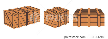 Wooden boxes. Cartoon shipping wooden chests, delivery wood paneled boxes flat vector illustration set. Delivery package collection on white 131966986