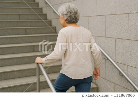Rear view of an elderly person climbing the stairs 131967000