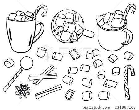 Christmas hot chocolate with marshmallows and cinnamons. Set of hot chocolate drinks Seasonal winter treats, hand drawn doodle vector illustration. 131967105