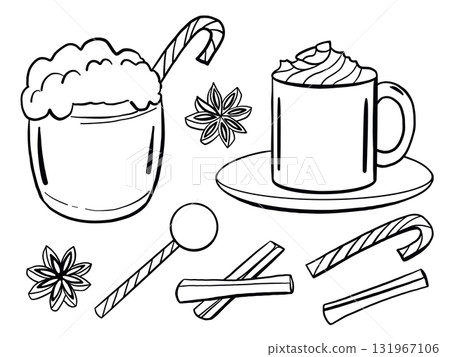 Eggnog Christmas and winter drinks set. Doodle elements isolated on white for restaurant and cafe menu. Hand drawn illustration. Eggnog Christmas and winter drinks set. Doodle elements isolated on white for restaurant and cafe menu. Hand drawn illustration. 131967106