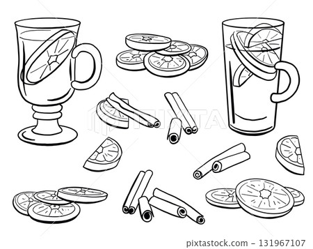 Christmas mulled wine drink, citrus slices and cinnamon. Seasonal winter treats, hand drawn doodle vector illustration. Christmas mulled wine drink, citrus slices and cinnamon. Seasonal winter treats, hand drawn doodle vector illustration. 131967107