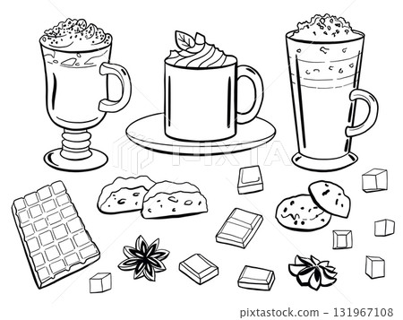 Christmas peppermint mocha drink, chocolate, cookies. Seasonal winter treats in glass and mugs, hand drawn doodle vector illustration Christmas peppermint mocha drink, chocolate, cookies. Seasonal winter treats in glass and mugs, hand drawn doodle vector illustration 131967108