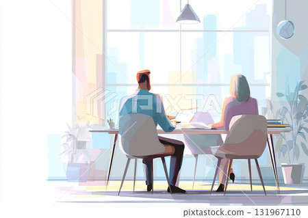 商務人士在辦公室討論的插圖-明亮而開放的會議場景 131967110