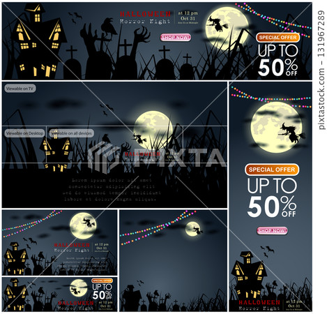 Set of  Halloween Multi Template Vector for poster, name card, cover, thrumpnail profile,  social media, digital vedio content header,  sale campaign . vector and illustration. 131967289