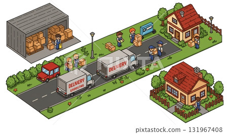 Pixel art style light cargo. Cityscape with delivery staff and delivery route 131967408