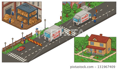 Pixel art style. Cityscape illustration with a light van and a pin indicating the destination 131967409