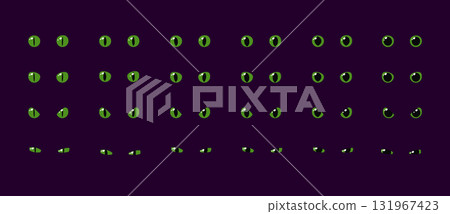 Set of green pairs of glowing eyes dark background fantasy magic cartoon animal reptile feline mammal monster 131967423