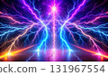 An image featuring vibrant neon lightning striking towards a reflective cracked 131967554