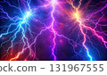 The image displays brilliant, colorful lightning bolts striking against a dark, cloudy 131967555