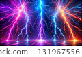 The image shows an electrifying scene filled with vibrant, colorful lightning bolts against a starry 131967556