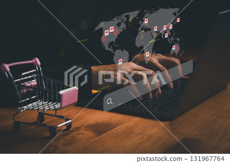 Hands typing on laptop with global e-commerce map and shopping cart, symbolizing online shopping, digital marketplace, international trade, retail technology, global business and e-commerce solutions. Hands typing on laptop with global e-commerce map and shopping cart, symbolizing online shopping, digital marketplace, international trade, retail technology, global business and e-commerce solutions. 131967764