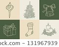 Hand draw vintage Christmas decoration set. Doodle Xmas tree, bauble, stocking, gift box, candle, bell vector illustration. New Year greeting card, invitation, social media 131967939