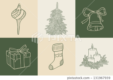 Hand draw vintage Christmas decoration set. Doodle Xmas tree, bauble, stocking, gift box, candle, bell vector illustration. New Year greeting card, invitation, social media 131967939