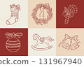Vintage hand draw Christmas decoration set with bells, wreaths, stocking, candy cane, toy vector illustration. Doodle New Year elements 131967940