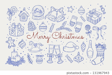 Set of retro hand draw Christmas decoration element, drink, gift box, candles, Xmas stocking, sweets vector illustration. Doodle New Year clipart. Winter holidays Set of retro hand draw Christmas decoration element, drink, gift box, candles, Xmas stocking, sweets vector illustration. Doodle New Year clipart. Winter holidays 131967943