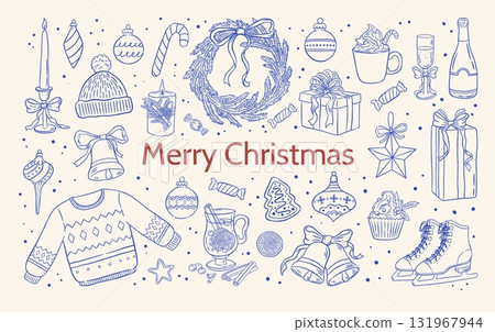Hand drawn retro Christmas element set with wreath, decorations, sweater, drink vector illustration. Vintage doodle New Year winter holiday clipart. Hand drawn retro Christmas element set with wreath, decorations, sweater, drink vector illustration. Vintage doodle New Year winter holiday clipart. 131967944