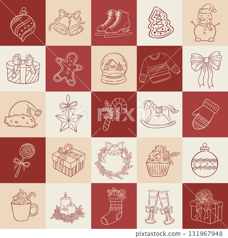 Hand drawn retro Christmas elements seamless pattern. Vintage Xmas ornaments vector illustration. Doodle winter holiday advent calendar.  Happy New Year Hand drawn retro Christmas elements seamless pattern. Vintage Xmas ornaments vector illustration. Doodle winter holiday advent calendar.  Happy New Year 131967948
