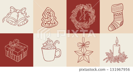 Hand draw Christmas decoration set. Vintage bells, gingerbread, wreaths, gift box, stocking, candle, coffee cup vector illustration. New Year greeting card, invitation, social media Hand draw Christmas decoration set. Vintage bells, gingerbread, wreaths, gift box, stocking, candle, coffee cup vector illustration. New Year greeting card, invitation, social media 131967956