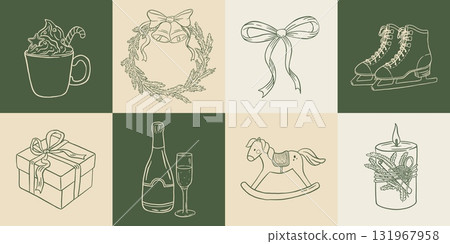 Hand draw vintage Christmas decoration set. Doodle gift box, champagne, wreaths, gift box, latte, candle, toy, ice skating vector illustration. New Year greeting card, invitation, social media Hand draw vintage Christmas decoration set. Doodle gift box, champagne, wreaths, gift box, latte, candle, toy, ice skating vector illustration. New Year greeting card, invitation, social media 131967958