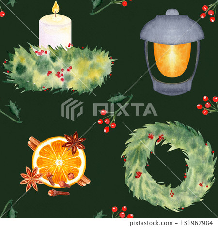 Wreaths, lantern, candle, holly, orange fruit with spices, watercolor seamless pattern on dark background. Perfect for Christmas cards, textile, stationary, scrapbooking, wrapping paper, festive Wreaths, lantern, candle, holly, orange fruit with spices, watercolor seamless pattern on dark background. Perfect for Christmas cards, textile, stationary, scrapbooking, wrapping paper, festive 131967984