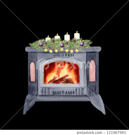 Stove with burning fire, with pine branches, candles, string lights on black. Watercolor ideal for Christmas cards, posters, invitations, wrapping paper, scrapbooking, cozy holiday design. Fireplace. 131967985